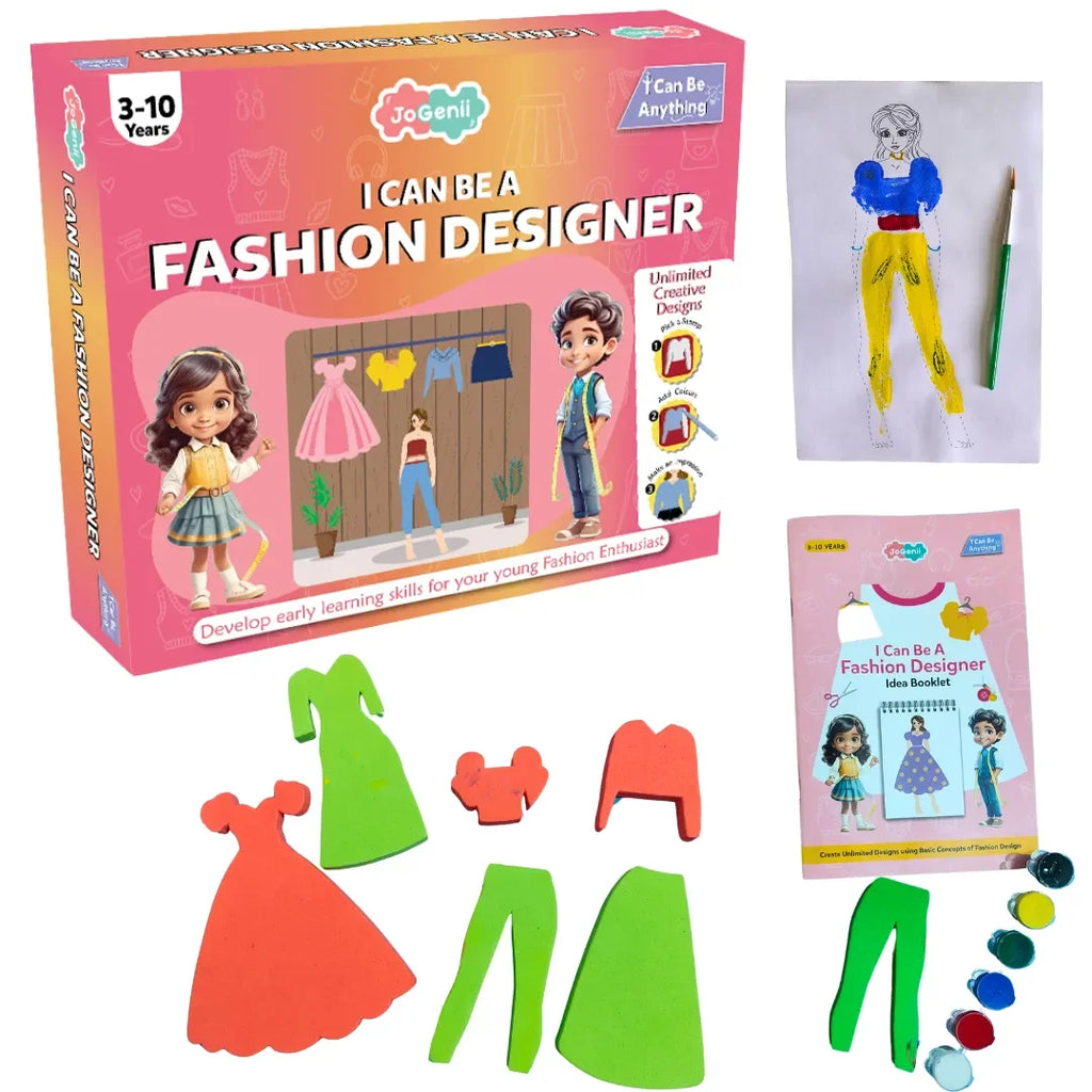JoGenii I Can Be a Fashion Designer – Stamping Kit - diy kit colouring & painting gift, reusable craft colour set for 3, 3+, 4-5, 5+ year girls, play & learn birthday gift, arts and crafts - Naivri