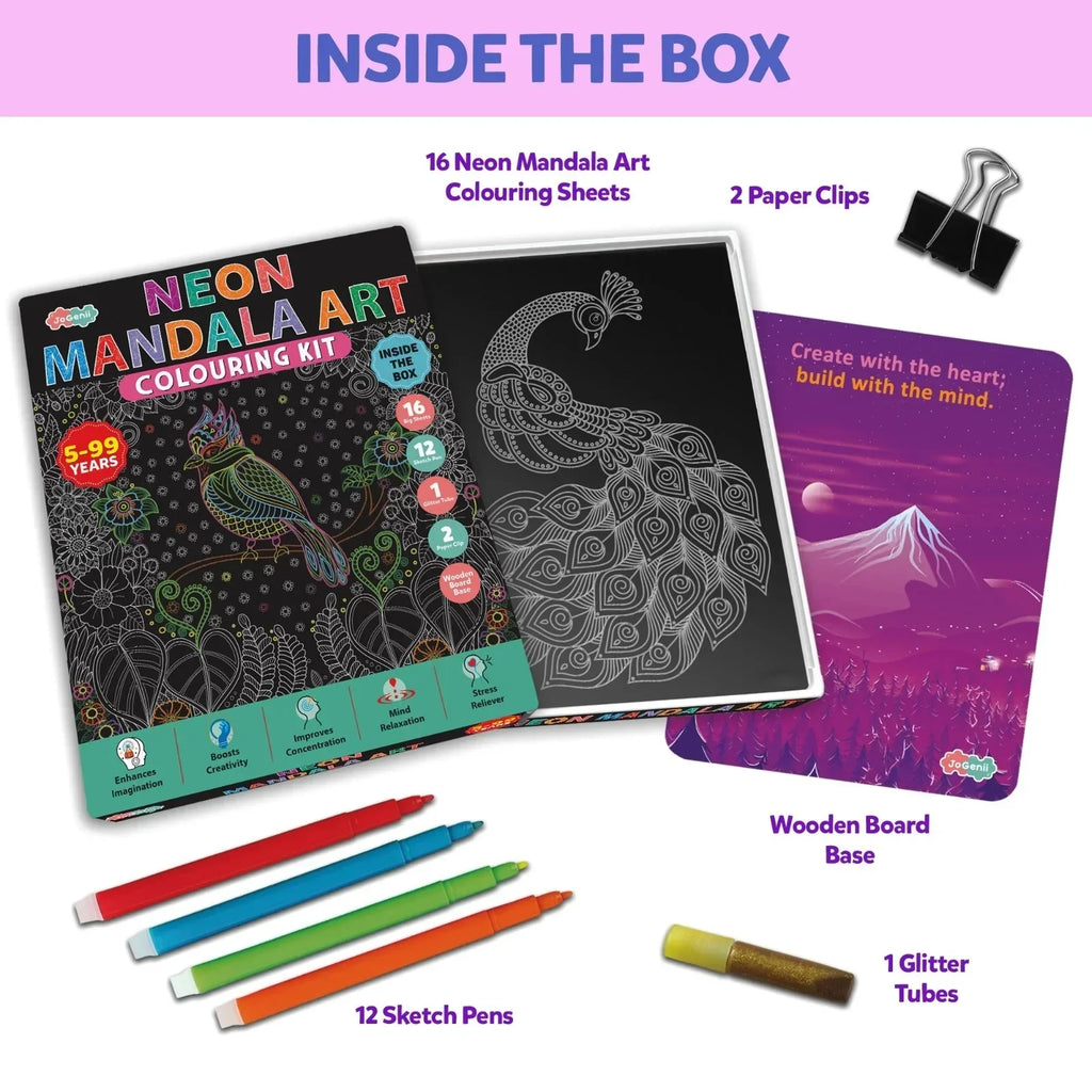 JoGenii Neon Mandala Art Colouring Kit - JoGenii Neon mandala art kit for adults and kids, DIY craft set kits for girls 6-12 12-15 adult women, pre marked paper design, painting material for beginners with colour, gifts, paint hobbies - Naivri