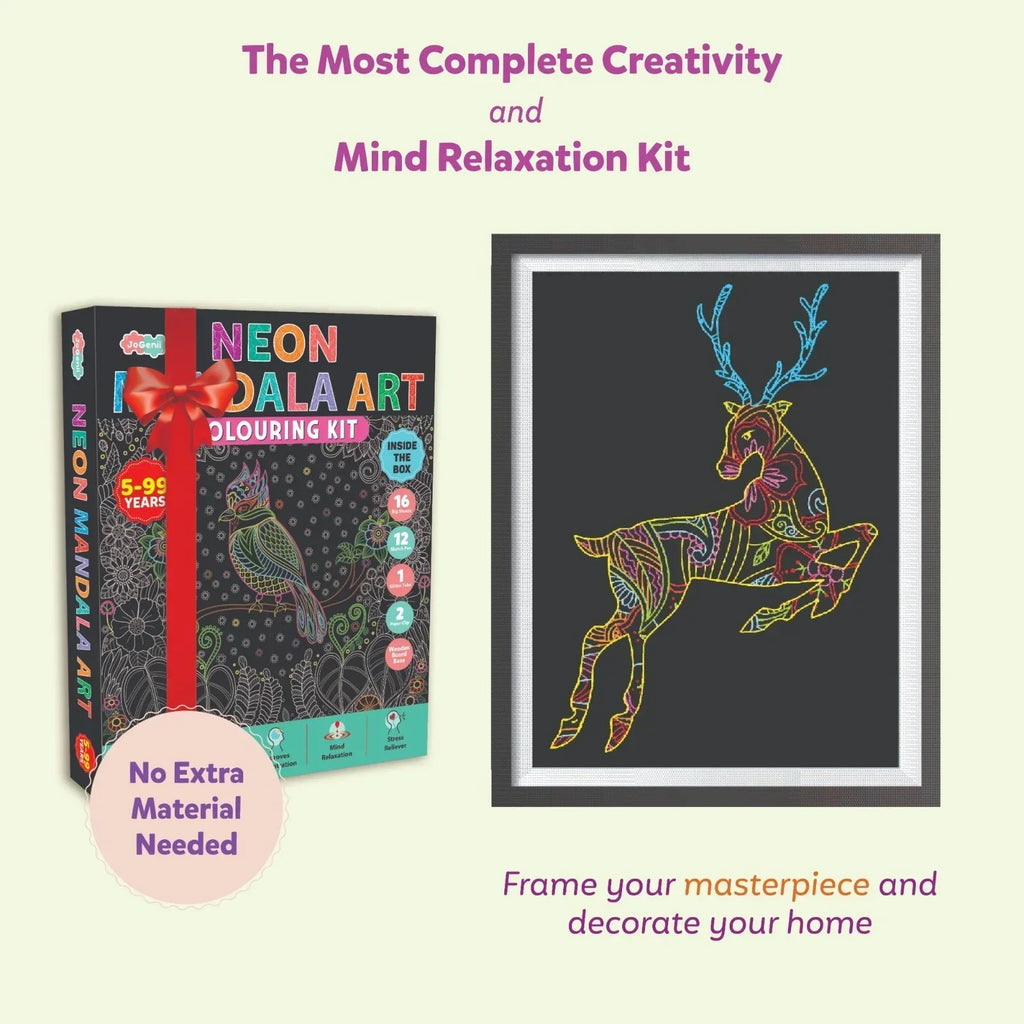 JoGenii Neon Mandala Art Colouring Kit - JoGenii Neon mandala art kit for adults and kids, DIY craft set kits for girls 6-12 12-15 adult women, pre marked paper design, painting material for beginners with colour, gifts, paint hobbies - Naivri