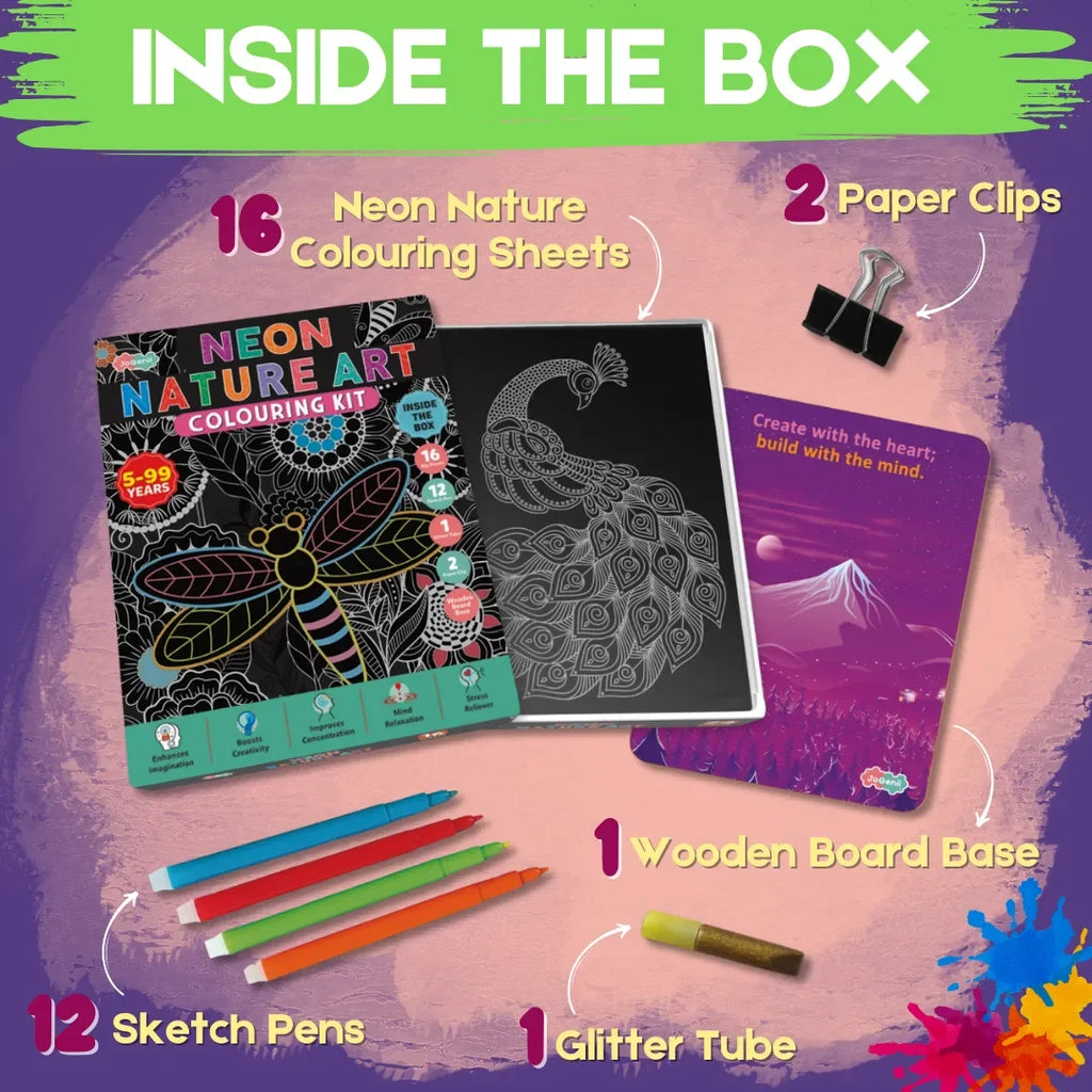 JoGenii Neon Mandala Art Colouring Kit - JoGenii Neon mandala art kit for adults and kids, DIY craft set kits for girls 6-12 12-15 adult women, pre marked paper design, painting material for beginners with colour, gifts, paint hobbies - Naivri