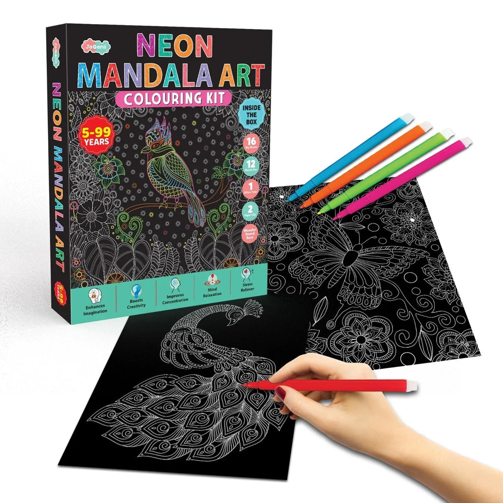 JoGenii Neon Mandala Art Colouring Kit - JoGenii Neon mandala art kit for adults and kids, DIY craft set kits for girls 6-12 12-15 adult women, pre marked paper design, painting material for beginners with colour, gifts, paint hobbies - Naivri