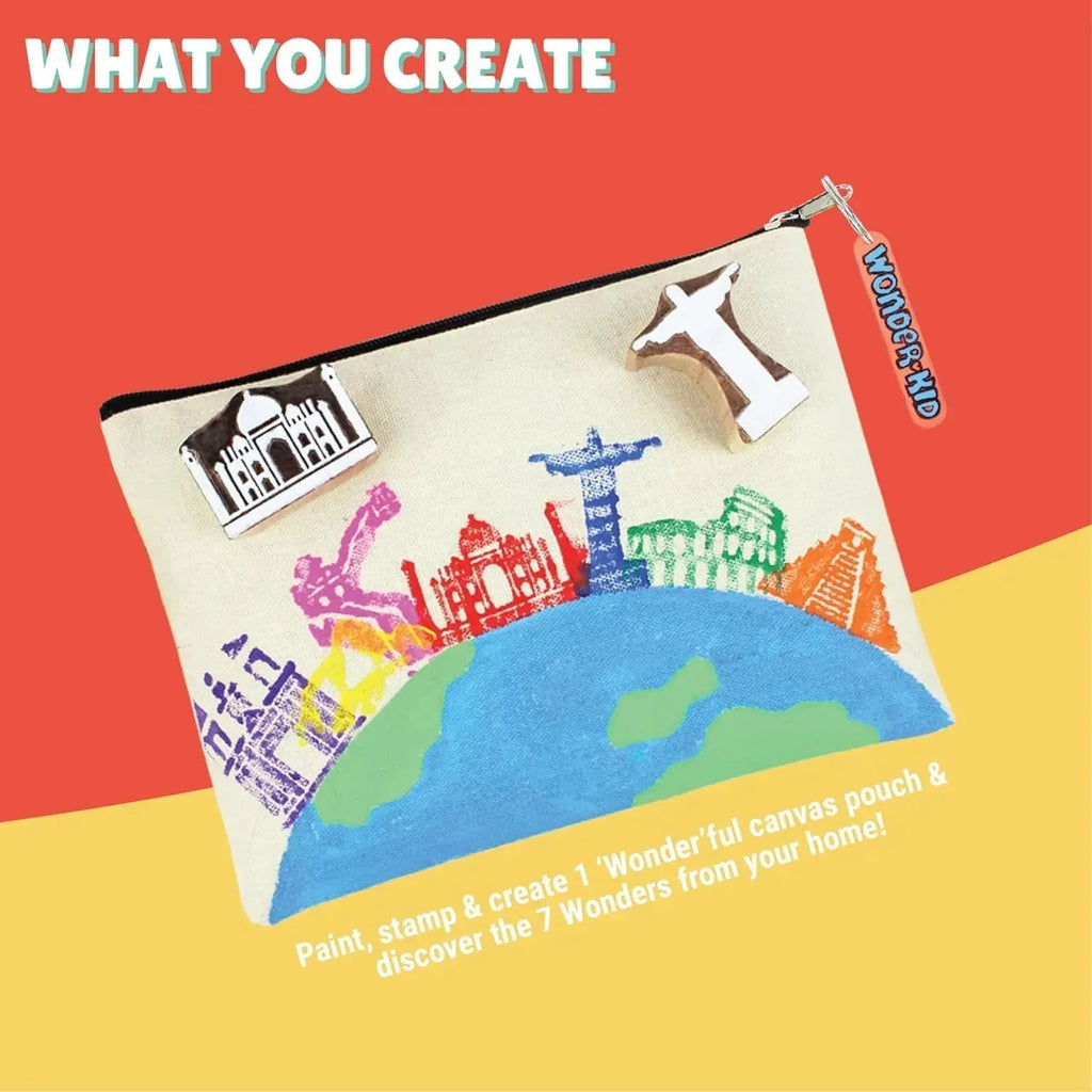 Kalakaram DIY Block Printing Kit for Kids – Create Your Own Canvas Pouch with 7 Wonders of the World Wooden Stamps, Acrylic Paints & More – Fun Educational Art & Craft Gift for Ages 9–12 - Naivri