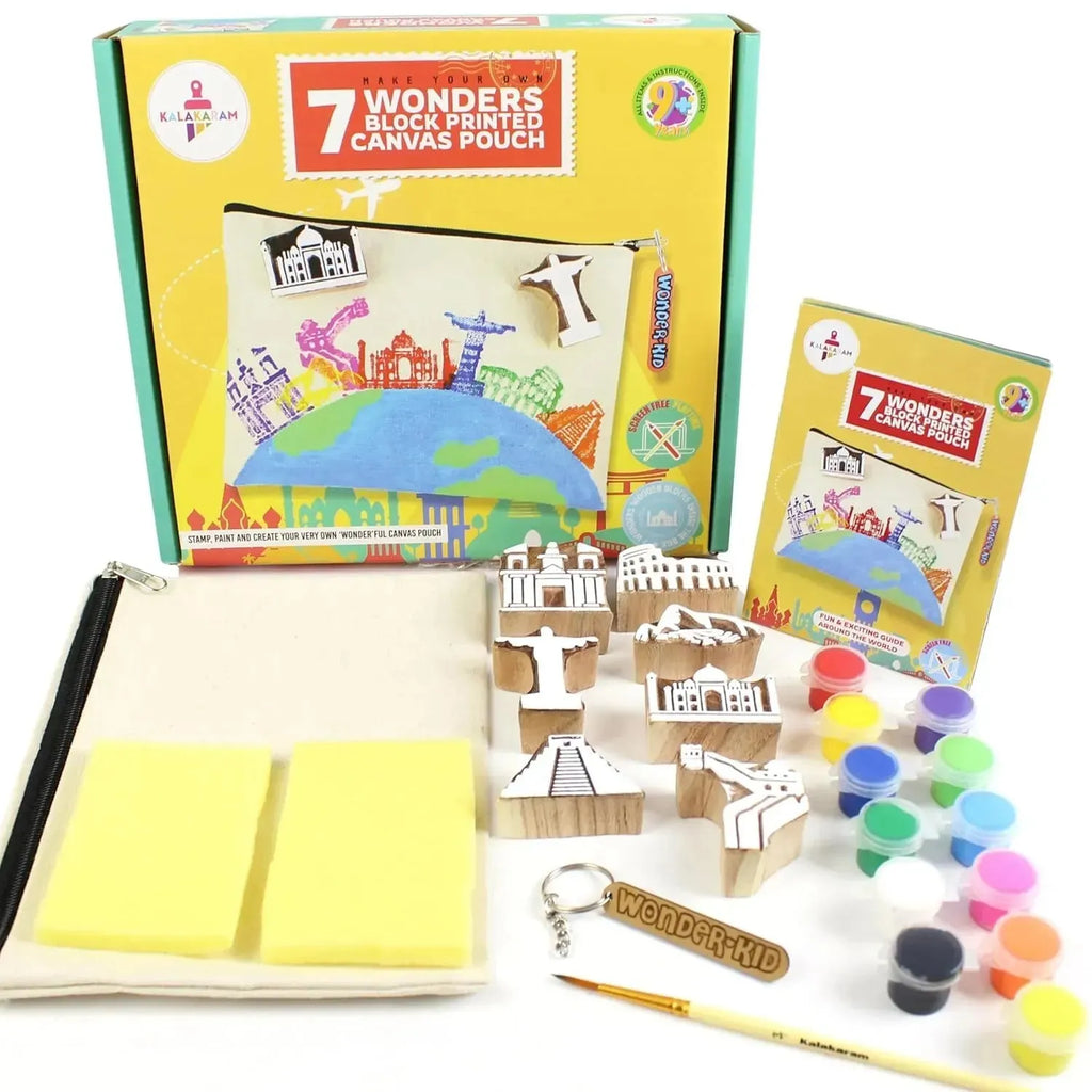 Kalakaram DIY Block Printing Kit for Kids – Create Your Own Canvas Pouch with 7 Wonders of the World Wooden Stamps, Acrylic Paints & More – Fun Educational Art & Craft Gift for Ages 9–12 - Naivri