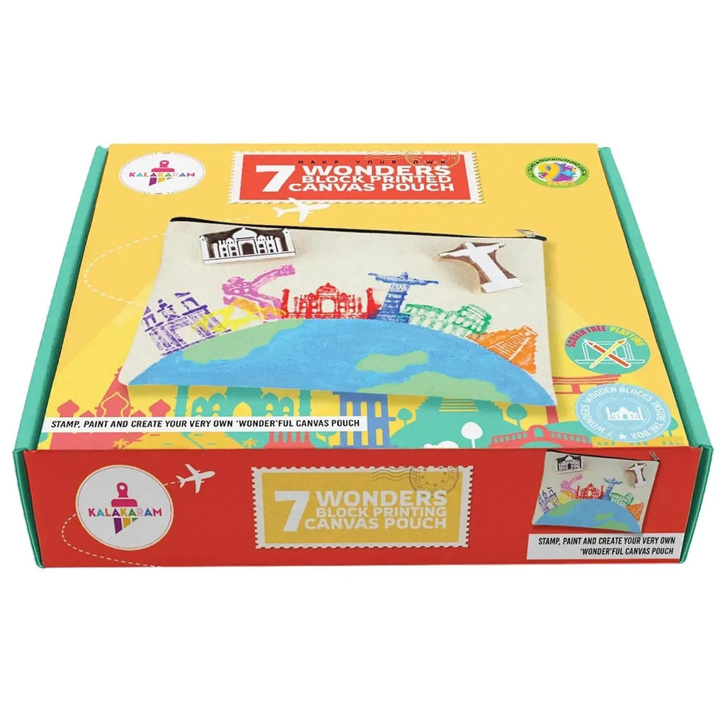 Kalakaram DIY Block Printing Kit for Kids – Create Your Own Canvas Pouch with 7 Wonders of the World Wooden Stamps, Acrylic Paints & More – Fun Educational Art & Craft Gift for Ages 9–12 - Naivri