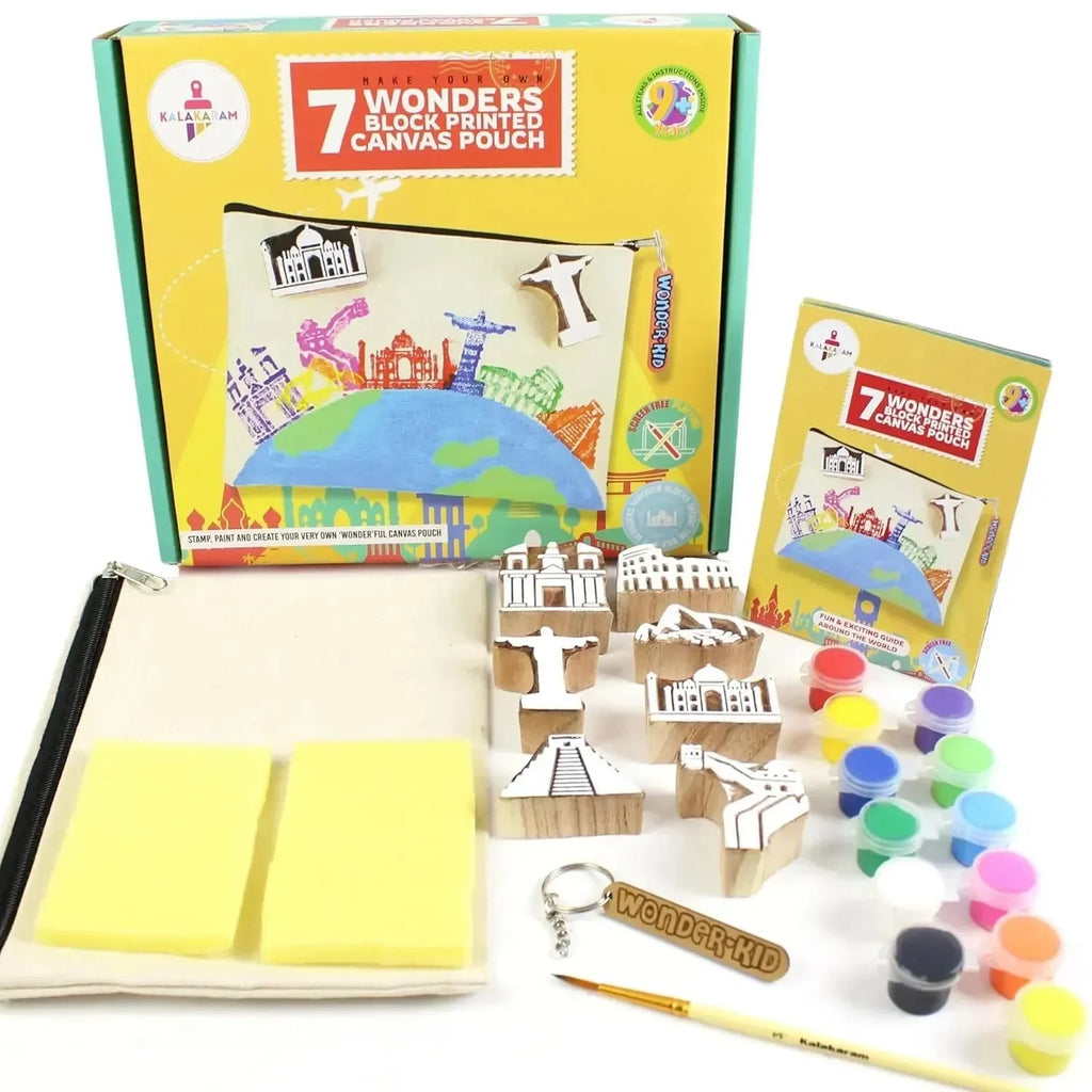 Kalakaram DIY Block Printing Kit for Kids – Create Your Own Canvas Pouch with 7 Wonders of the World Wooden Stamps, Acrylic Paints & More – Fun Educational Art & Craft Gift for Ages 9–12 - Naivri