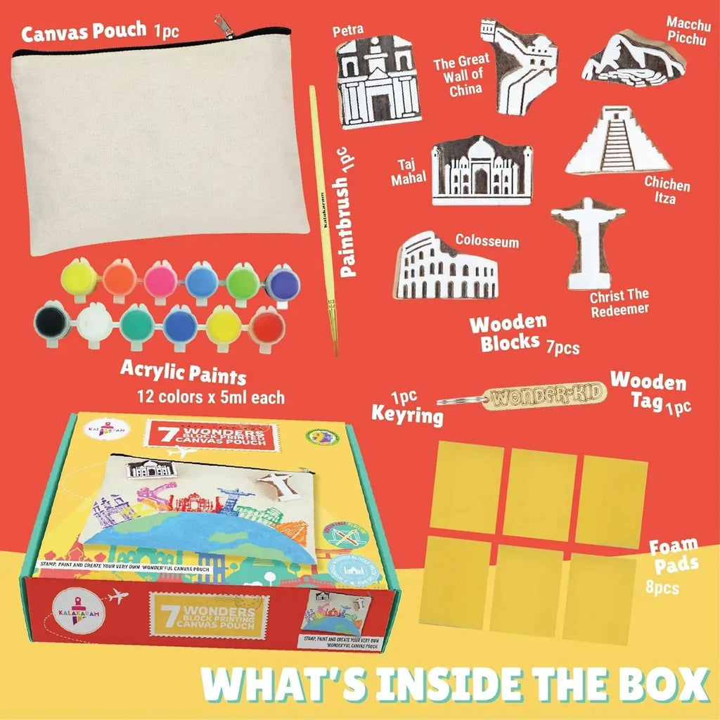 Kalakaram DIY Block Printing Kit for Kids – Create Your Own Canvas Pouch with 7 Wonders of the World Wooden Stamps, Acrylic Paints & More – Fun Educational Art & Craft Gift for Ages 9–12 - Naivri