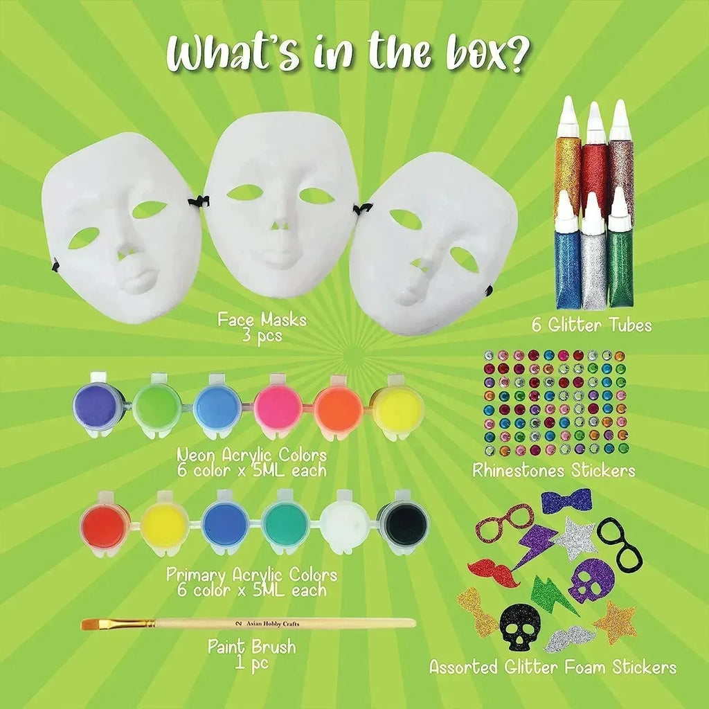 Kalakaram Face Mask Painting DIY Kit – Paint & Decorate 3 Funky Wearable Masks | All-Inclusive Art & Craft Kit for Kids | Creative Activity for Parties, Carnivals & Festivals | Ages 6+ - Naivri