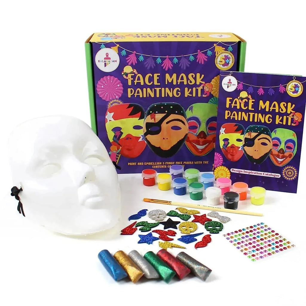 Kalakaram Face Mask Painting DIY Kit – Paint & Decorate 3 Funky Wearable Masks | All-Inclusive Art & Craft Kit for Kids | Creative Activity for Parties, Carnivals & Festivals | Ages 6+ - Naivri