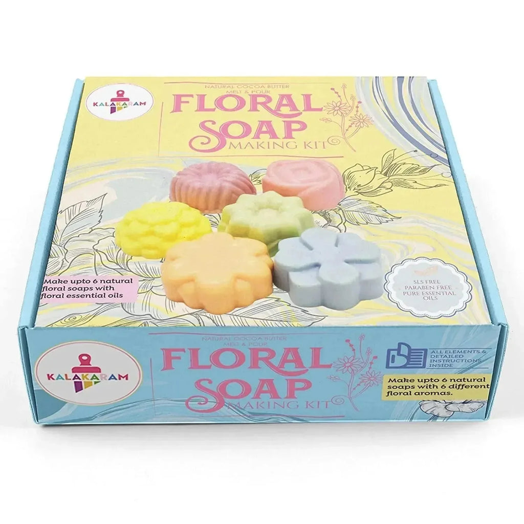 Kalakaram Floral Soap Making Kit – DIY Natural Cocoa Butter Soaps | SLS & Paraben-Free | Includes Essential Oils, Flower Mould & Soap Dyes | Make 6 Handmade Soaps | Creative Gift for Kids & Adults - Naivri