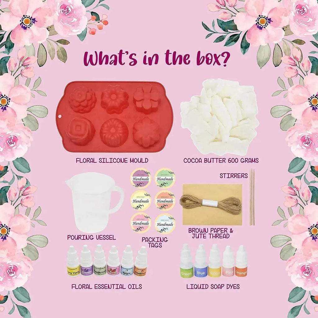 Kalakaram Floral Soap Making Kit – DIY Natural Cocoa Butter Soaps | SLS & Paraben-Free | Includes Essential Oils, Flower Mould & Soap Dyes | Make 6 Handmade Soaps | Creative Gift for Kids & Adults - Naivri