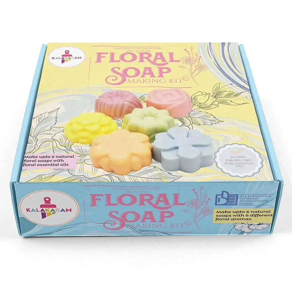 Kalakaram Floral Soap Making Kit – DIY Natural Cocoa Butter Soaps | SLS & Paraben-Free | Includes Essential Oils, Flower Mould & Soap Dyes | Make 6 Handmade Soaps | Creative Gift for Kids & Adults - Naivri