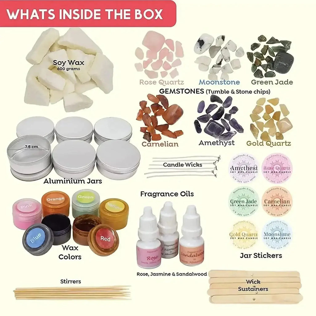 Kalakaram Gemstone Candle Making DIY Kit – Make 6 Scented Soy Wax Candles with Natural Gemstones, Fragrance Oils & All Materials Included | Premium Craft Kit for Teens & Adults | Ideal Gift Box - Naivri