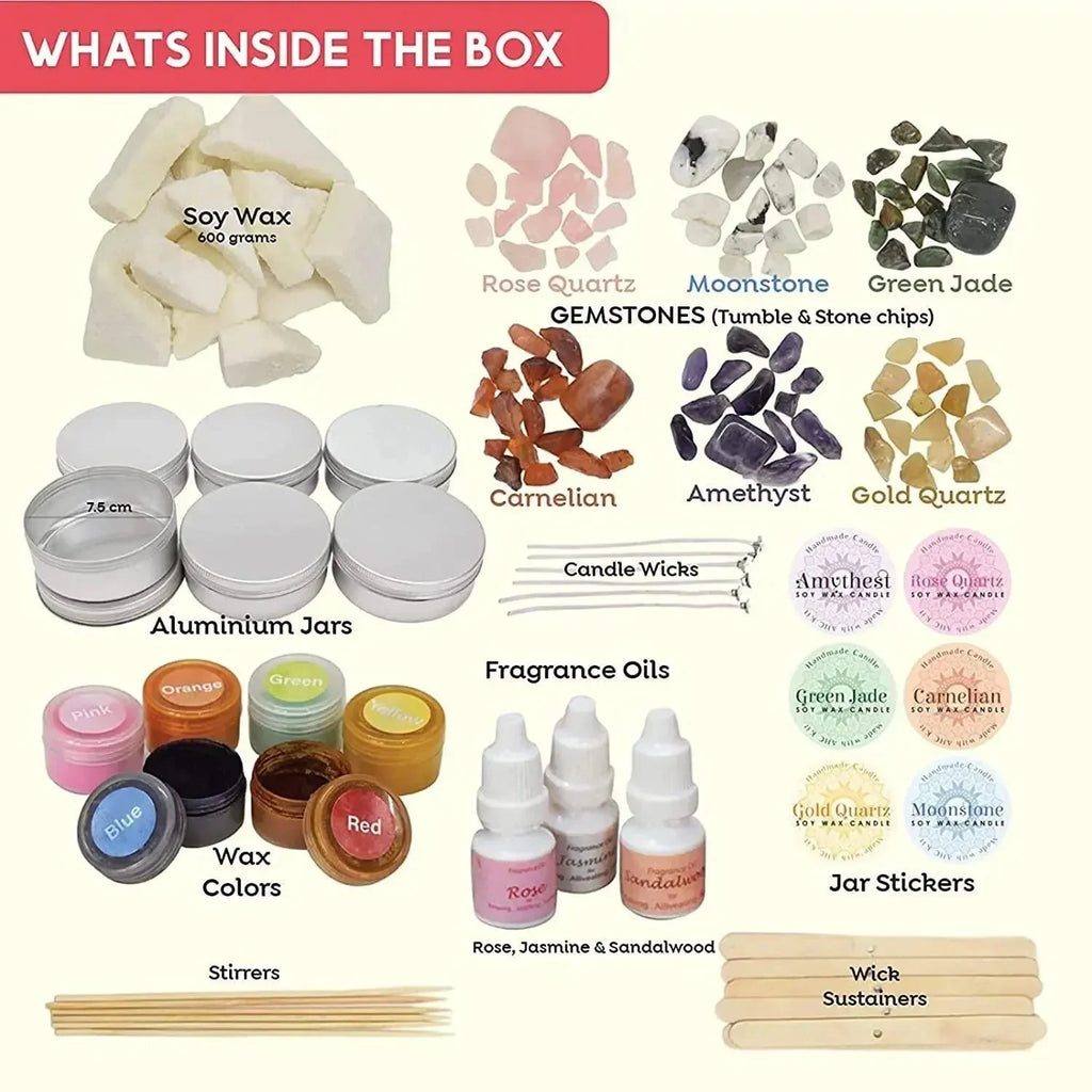 Kalakaram Gemstone Candle Making DIY Kit – Make 6 Scented Soy Wax Candles with Natural Gemstones, Fragrance Oils & All Materials Included | Premium Craft Kit for Teens & Adults | Ideal Gift Box - Naivri
