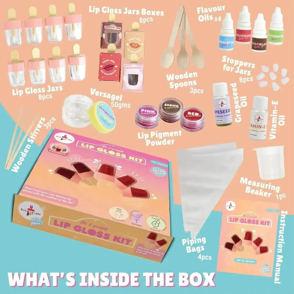 Kalakaram Lip Gloss DIY Kit – Make 8 Custom Lip Glosses with Vitamin E, Grape Seed Oil & Flavor Oils | Fun, Safe & Nourishing Lip Balm Craft Kit for Kids Aged 9–13 - Naivri