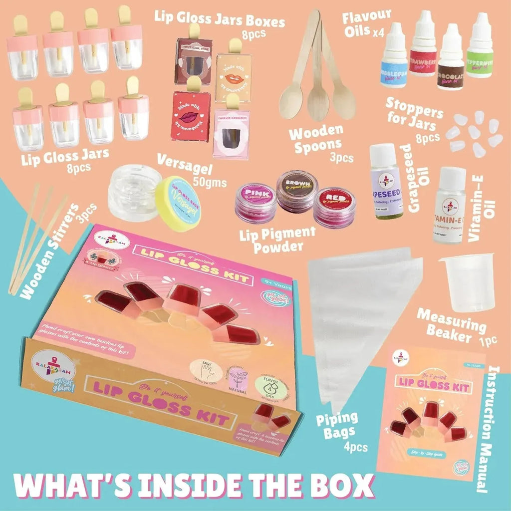 Kalakaram Lip Gloss DIY Kit – Make 8 Custom Lip Glosses with Vitamin E, Grape Seed Oil & Flavor Oils | Fun, Safe & Nourishing Lip Balm Craft Kit for Kids Aged 9–13 - Naivri