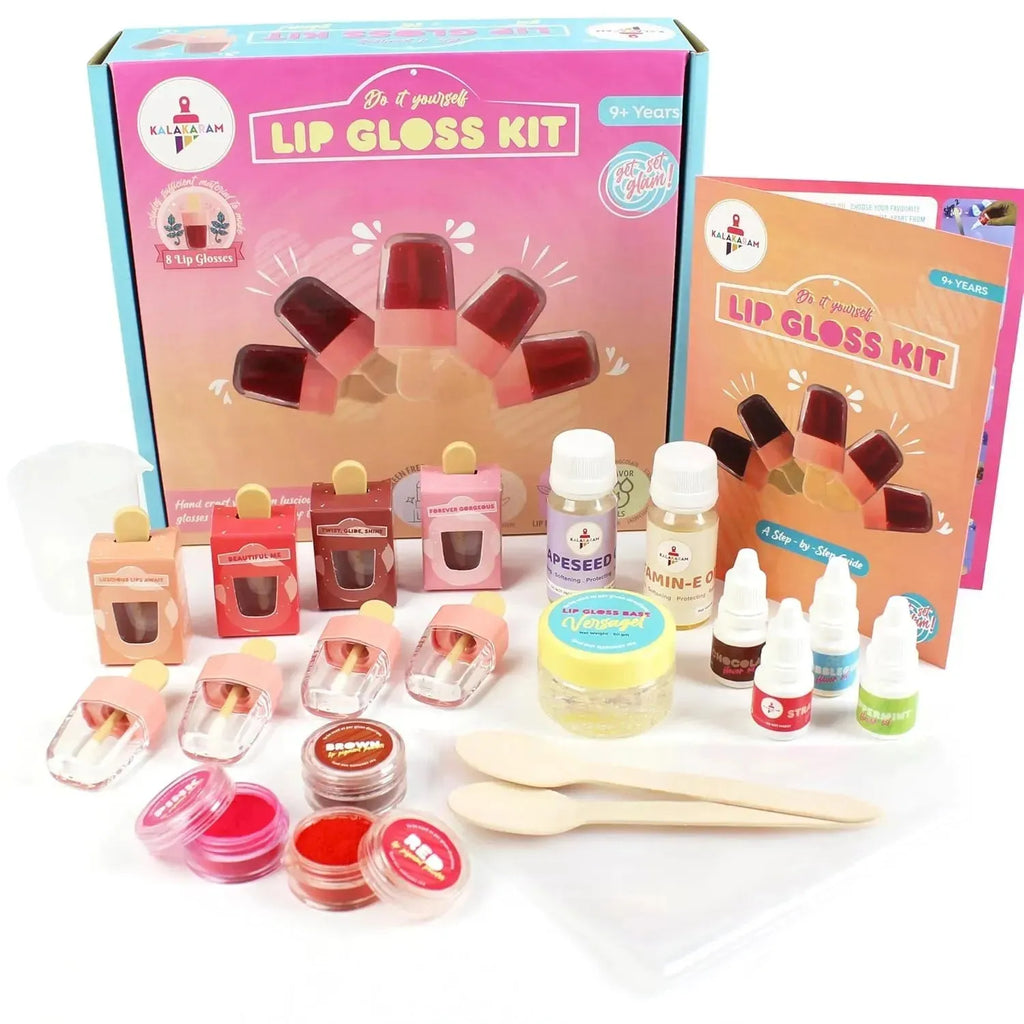 Kalakaram Lip Gloss DIY Kit – Make 8 Custom Lip Glosses with Vitamin E, Grape Seed Oil & Flavor Oils | Fun, Safe & Nourishing Lip Balm Craft Kit for Kids Aged 9–13 - Naivri