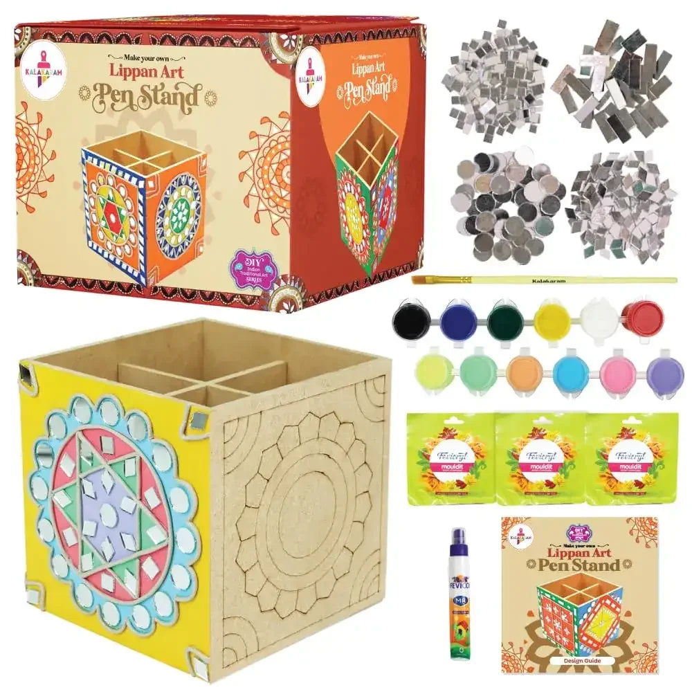 Kalakaram Lippan Mirror Art DIY Pen Stand Kit – Traditional Folk Craft for Kids & Adults (12Y+) - Naivri