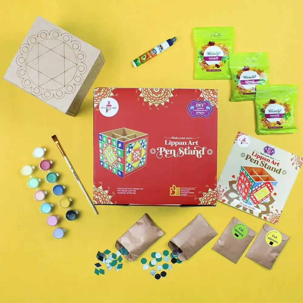 Kalakaram Lippan Mirror Art DIY Pen Stand Kit – Traditional Folk Craft for Kids & Adults (12Y+) - Naivri