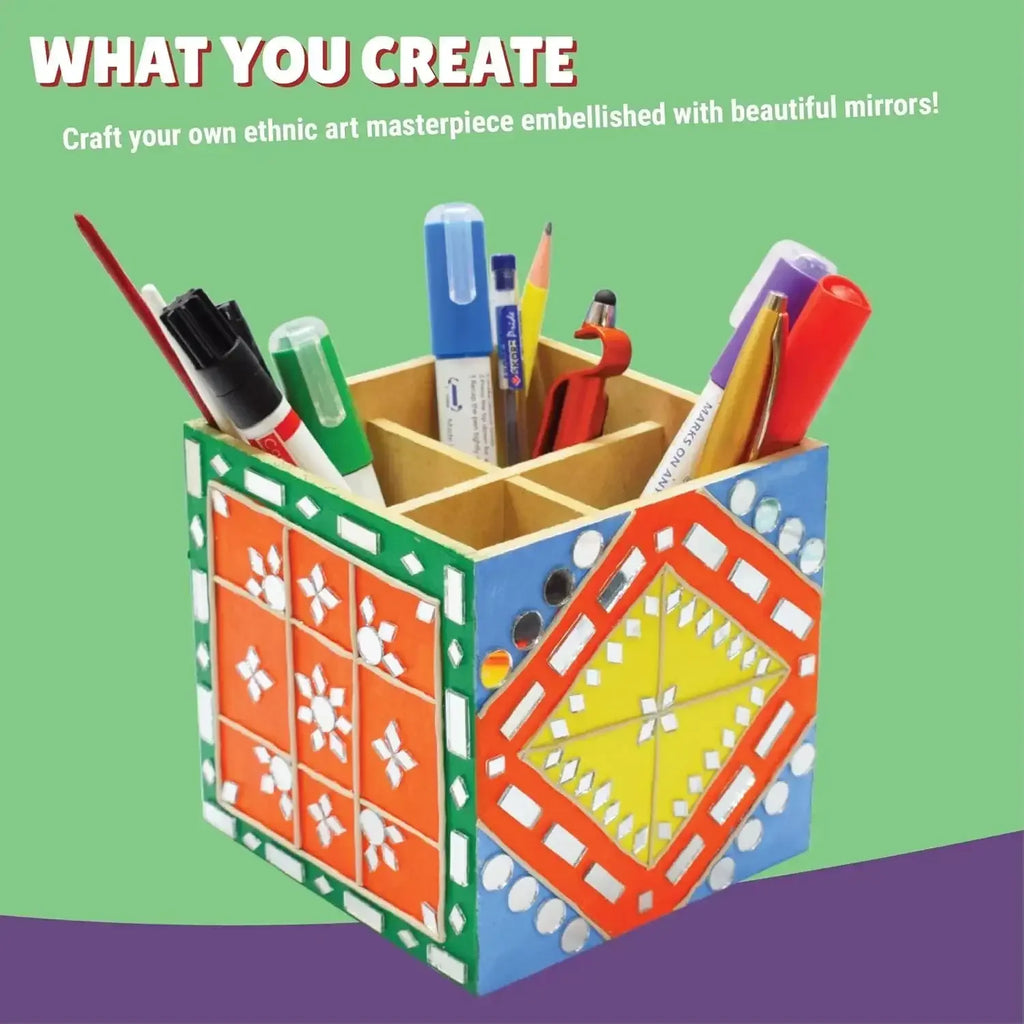 Kalakaram Lippan Mirror Art DIY Pen Stand Kit – Traditional Folk Craft for Kids & Adults (12Y+) - Naivri