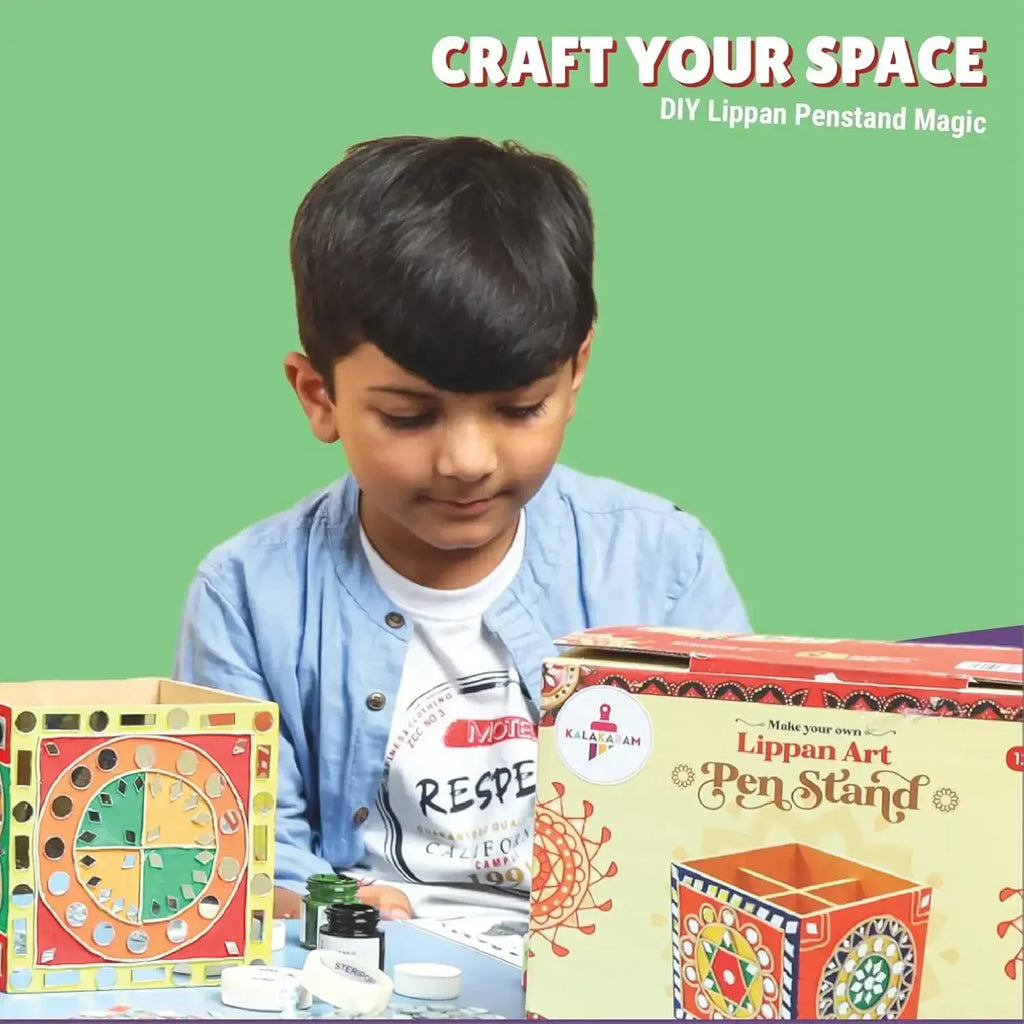 Kalakaram Lippan Mirror Art DIY Pen Stand Kit – Traditional Folk Craft for Kids & Adults (12Y+) - Naivri