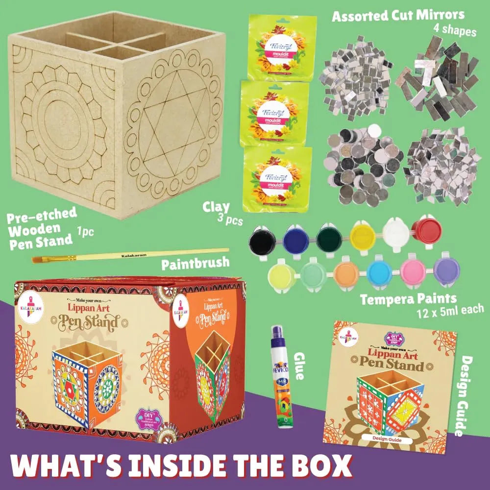 Kalakaram Lippan Mirror Art DIY Pen Stand Kit – Traditional Folk Craft for Kids & Adults (12Y+) - Naivri