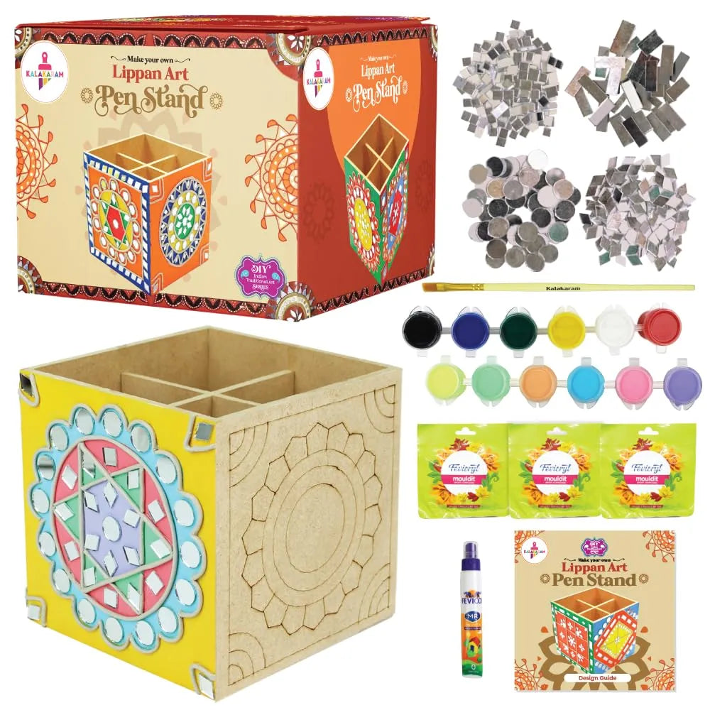 Kalakaram Lippan Mirror Art DIY Pen Stand Kit – Traditional Folk Craft for Kids & Adults (12Y+) - Naivri