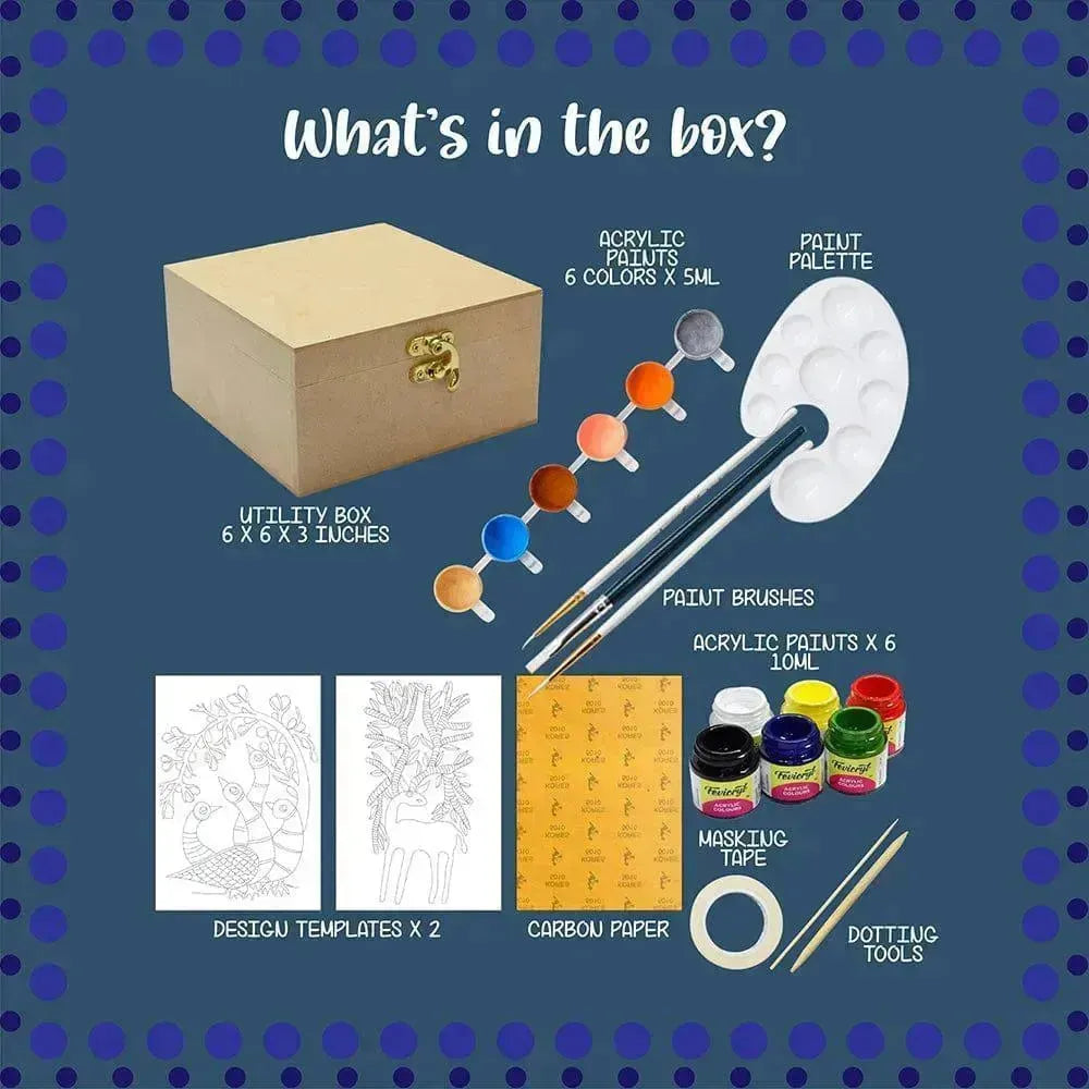 Kalakaram Make Your Own Gond Painting Utility Box – Traditional Indian Art DIY Kit | Includes Templates, Tools, and Guidebook | Cultural Art & Craft Kit for Kids & Adults | Functional Decorative Art Box - Naivri