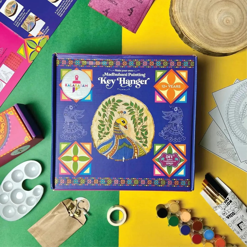 Kalakaram Make Your Own Madhubani Painting Key Hanger DIY Activity Box – Traditional Indian Art Meets Creative Utility | Complete Craft Kit with Key Holder, Tools & Step-by-Step Guide for Ages 12+ - Naivri