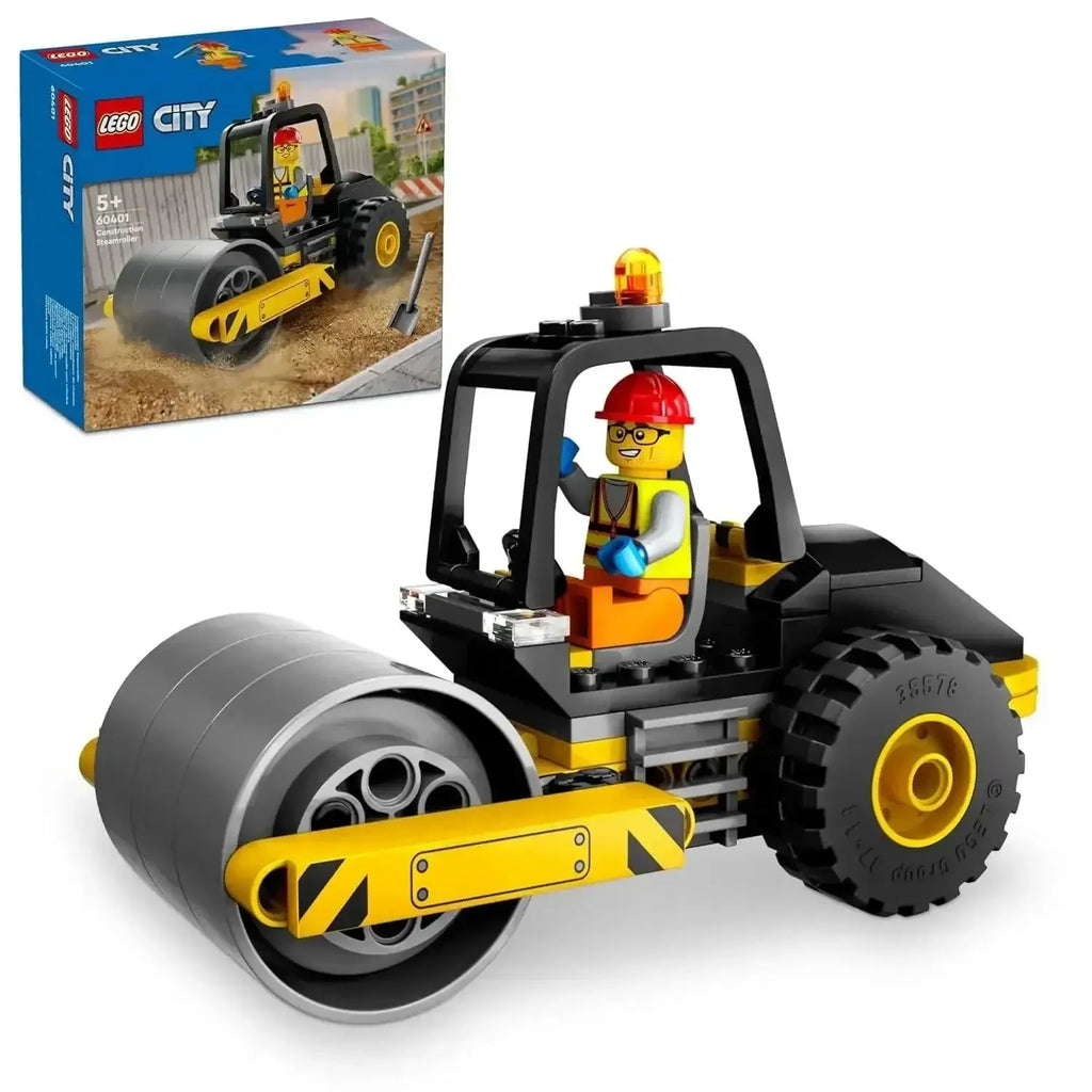 LEGO City 60401 Construction Steamroller Toy with Worker Minifigure | Road Roller Building Set for Kids Age 5+ - Naivri
