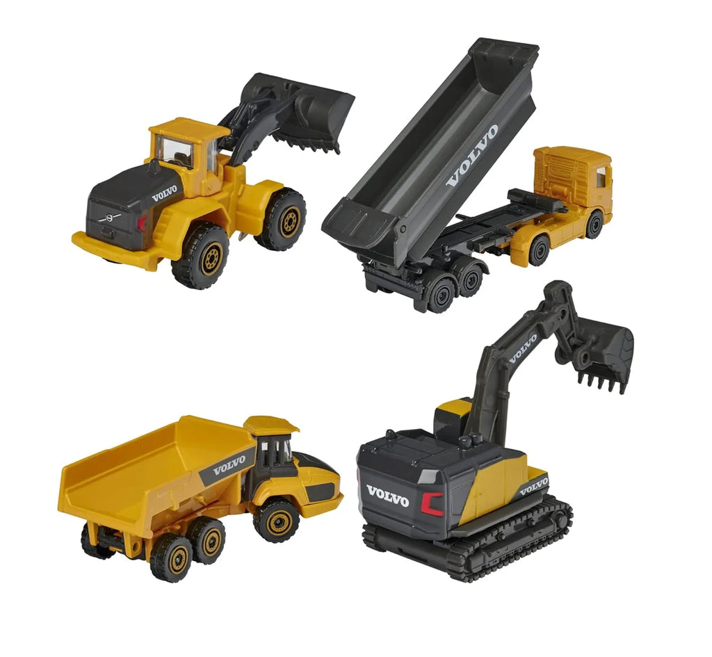 Majorette Volvo Construction Vehicle Toy Set of 4 - Excavator, Wheel Loader, Dump Truck, Articulated Hauler, Yellow - Naivri