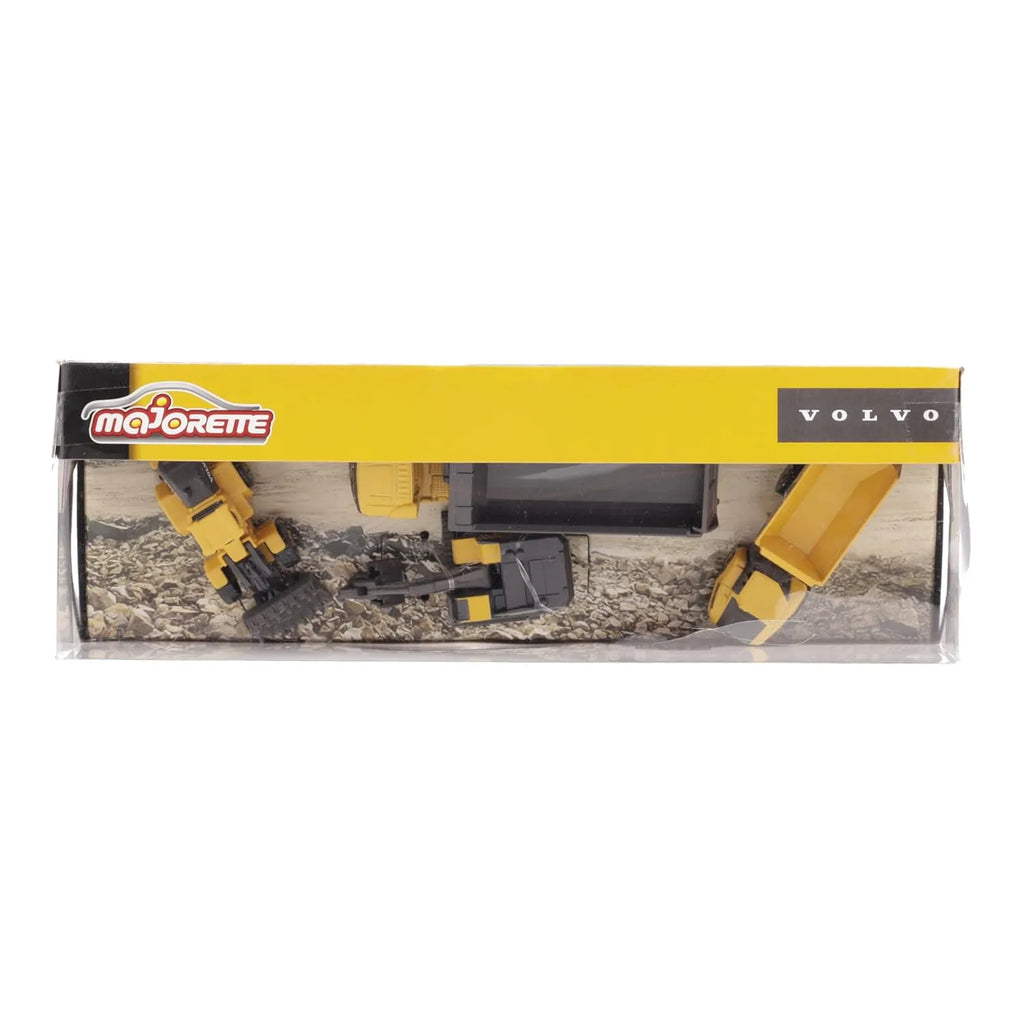 Majorette Volvo Construction Vehicle Toy Set of 4 - Excavator, Wheel Loader, Dump Truck, Articulated Hauler, Yellow - Naivri