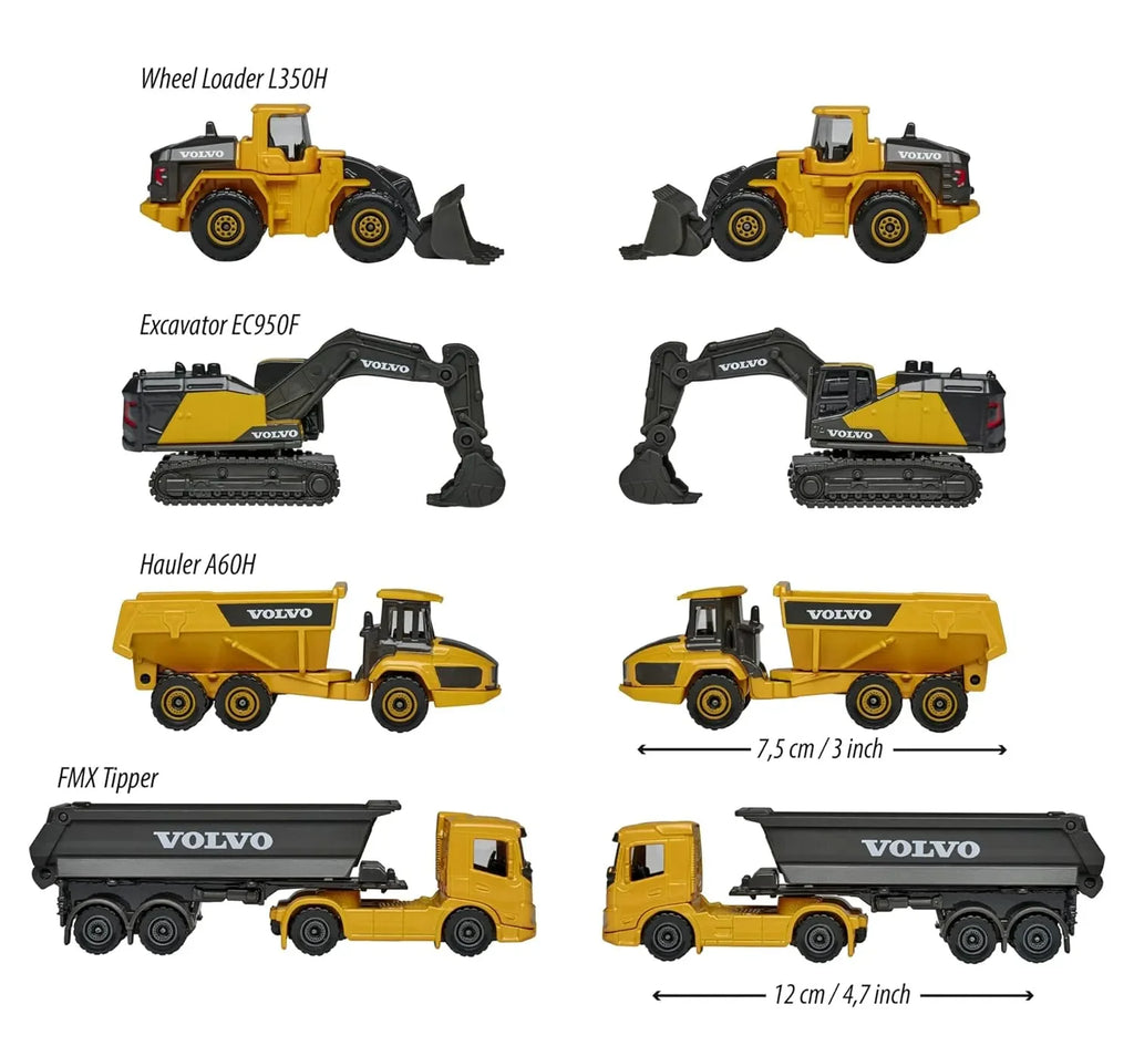 Majorette Volvo Construction Vehicle Toy Set of 4 - Excavator, Wheel Loader, Dump Truck, Articulated Hauler, Yellow - Naivri