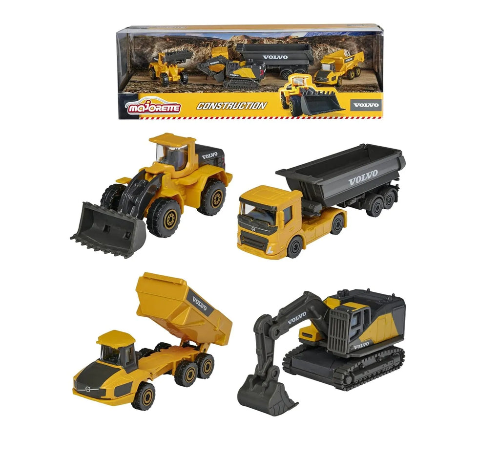 Majorette Volvo Construction Vehicle Toy Set of 4 - Excavator, Wheel Loader, Dump Truck, Articulated Hauler, Yellow - Naivri