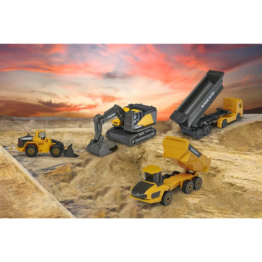 Majorette Volvo Construction Vehicle Toy Set of 4 - Excavator, Wheel Loader, Dump Truck, Articulated Hauler, Yellow - Naivri