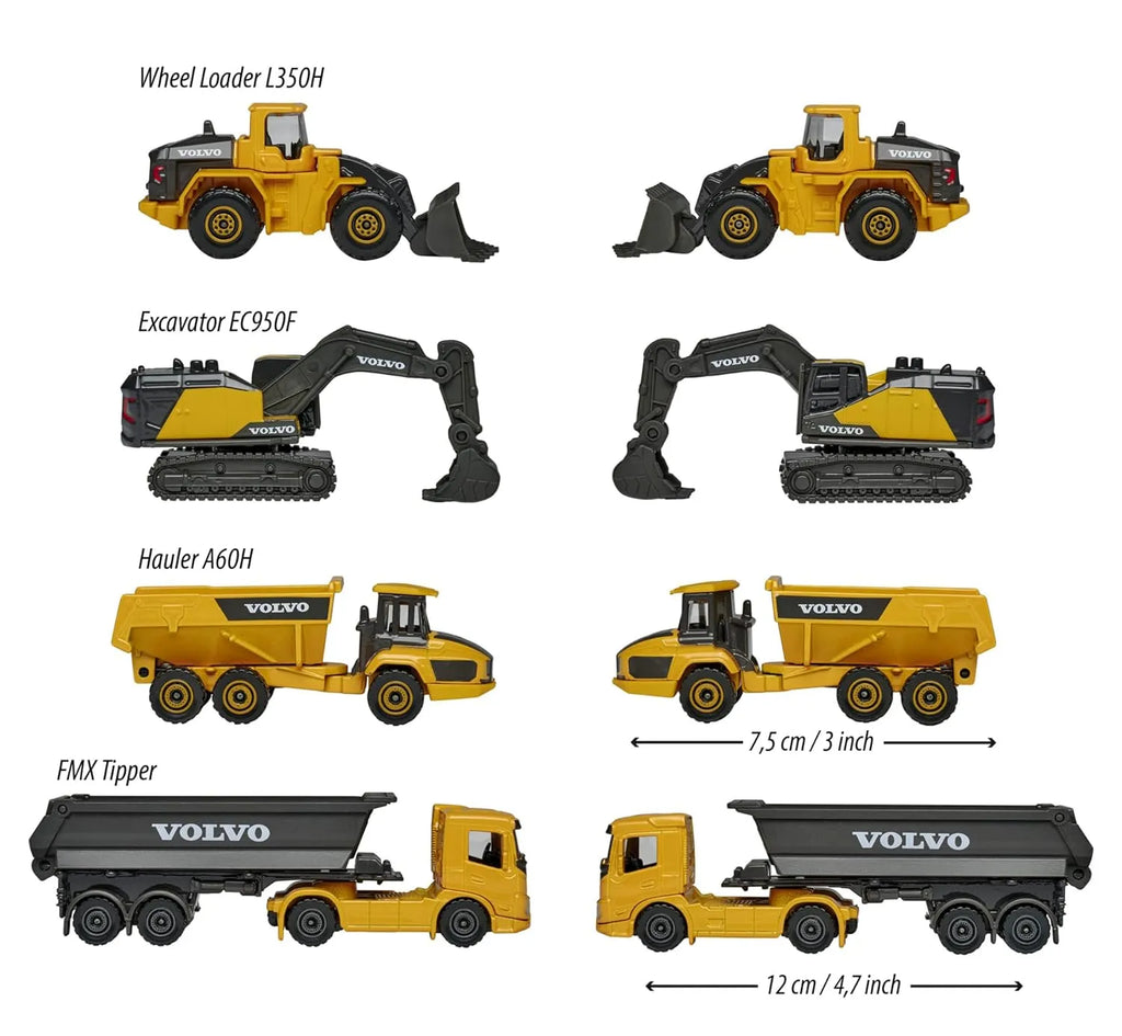 Majorette Volvo Construction Vehicle Toy Set of 4 - Excavator, Wheel Loader, Dump Truck, Articulated Hauler, Yellow - Naivri