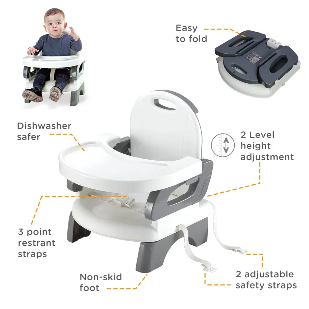 Mastela Folding Booster Seat – Grey (Model 7330) | Adjustable Height, 3-Point Safety Harness, Dishwasher-Safe Tray, Compact Folding Design for Infants 6M+ - Naivri
