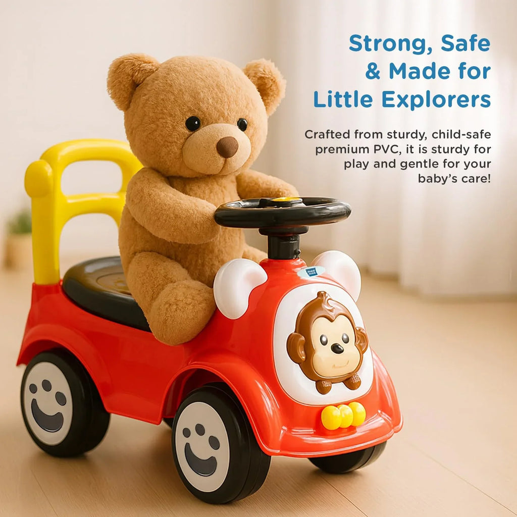 Mee Mee Safari Cruze Baby Ride-On Car – Lights, Music & Parental Handle for Kids 1–3 Years (Red) - Naivri