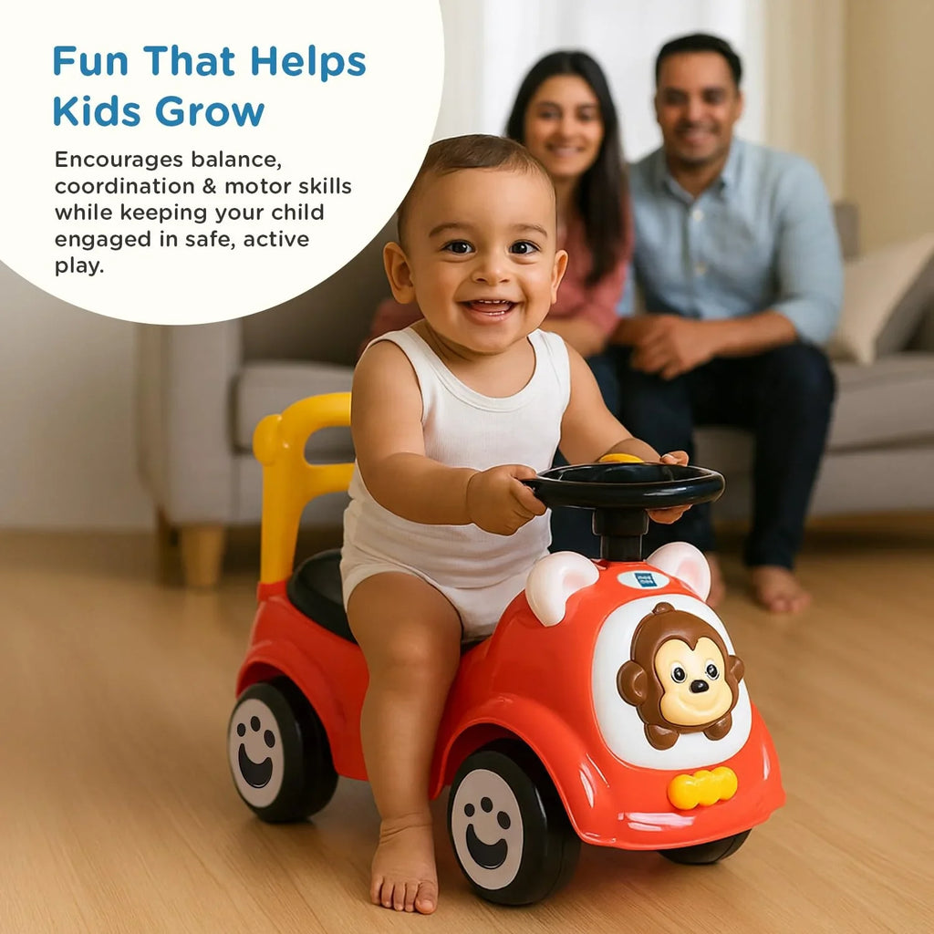 Mee Mee Safari Cruze Baby Ride-On Car – Lights, Music & Parental Handle for Kids 1–3 Years (Red) - Naivri
