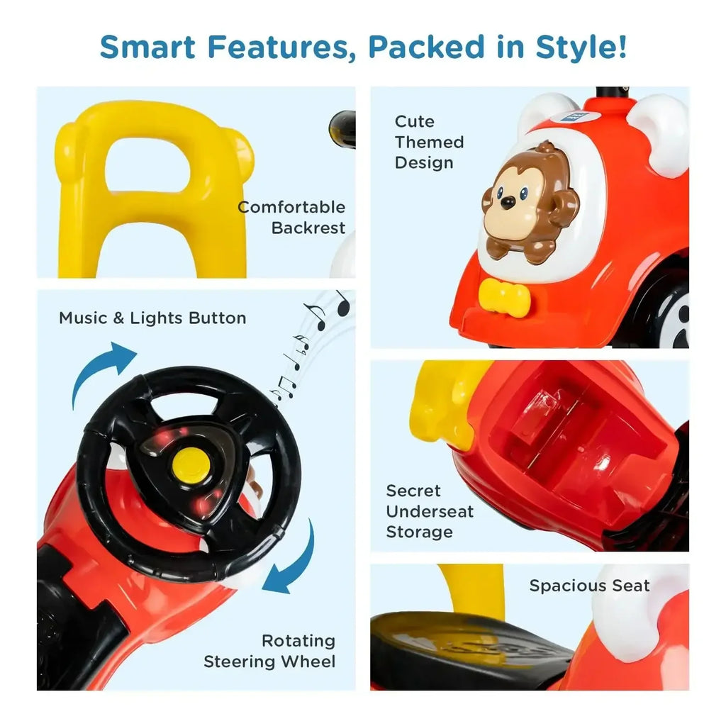 Mee Mee Safari Cruze Baby Ride-On Car – Lights, Music & Parental Handle for Kids 1–3 Years (Red) - Naivri