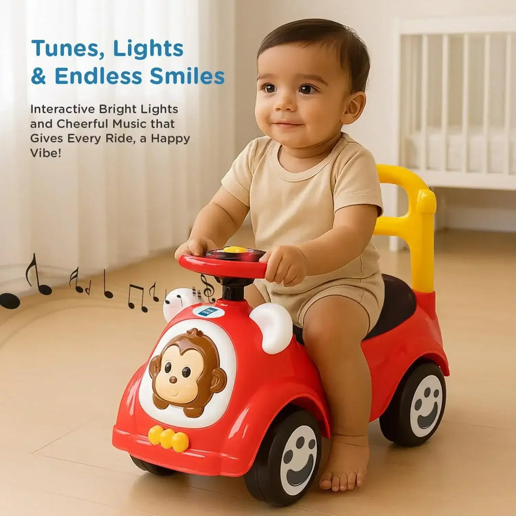 Mee Mee Safari Cruze Baby Ride-On Car – Lights, Music & Parental Handle for Kids 1–3 Years (Red) - Naivri