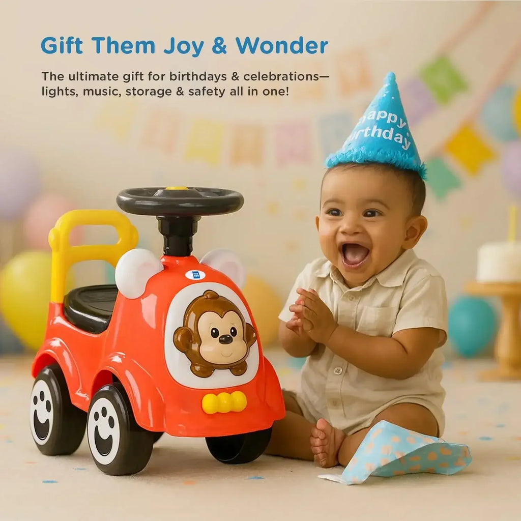 Mee Mee Safari Cruze Baby Ride-On Car – Lights, Music & Parental Handle for Kids 1–3 Years (Red) - Naivri