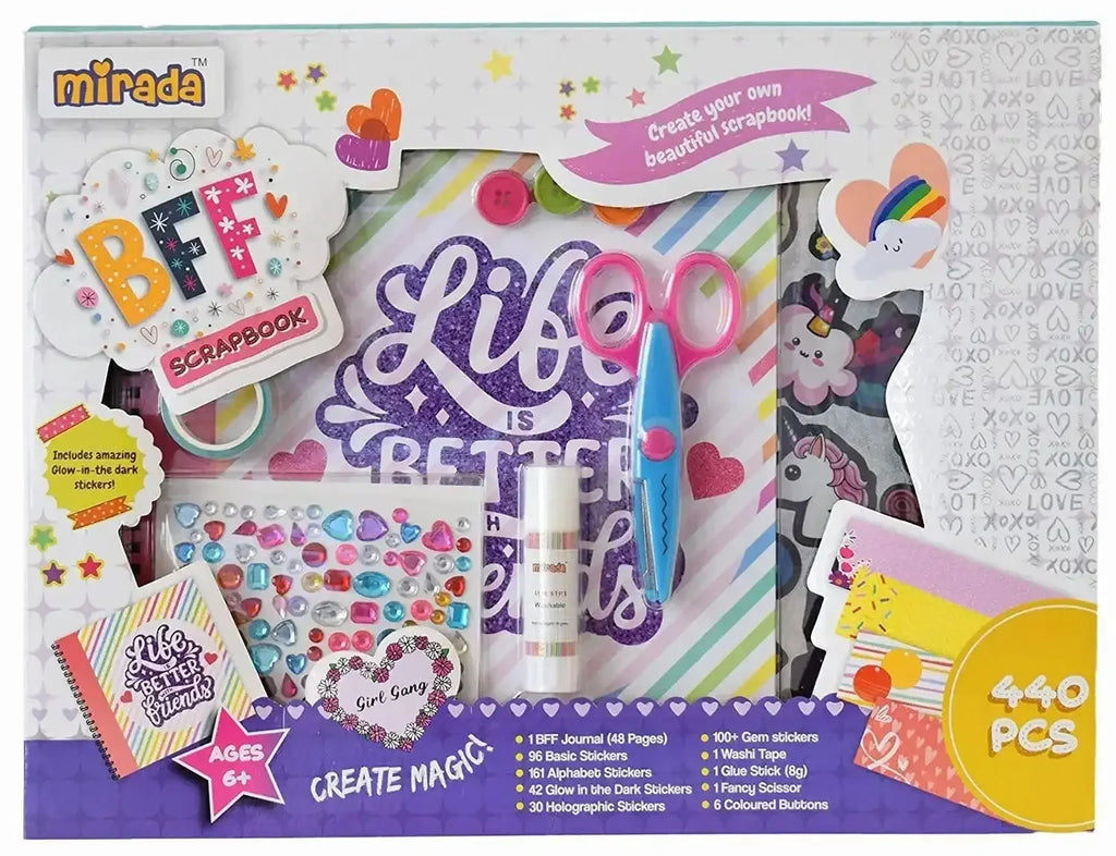 Mirada BFF Scrapbook – 440-Piece DIY Friendship Memory Book Kit for Girls – With Stickers, Gems, Washi Tape, Buttons & More – Perfect Keepsake Gift - Naivri