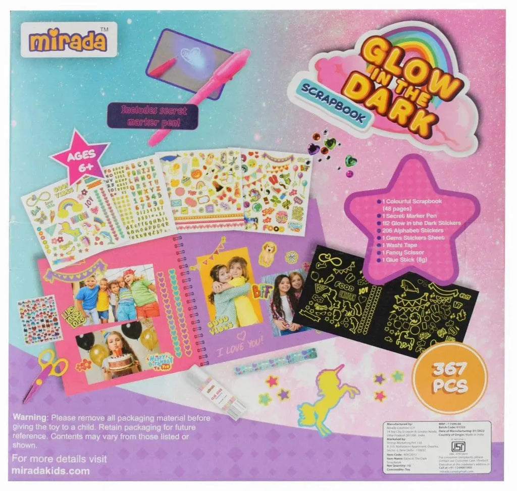 Mirada Glow in the Dark Scrapbook Kit – 367-Piece DIY Craft Set for Kids – Secret Message Pen with LED Light, Stickers, Gems, Washi Tape & More – Fun Keepsake Book - Naivri