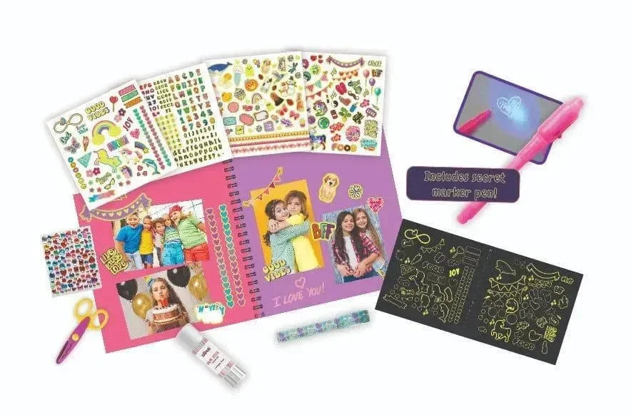 Mirada Glow in the Dark Scrapbook Kit – 367-Piece DIY Craft Set for Kids – Secret Message Pen with LED Light, Stickers, Gems, Washi Tape & More – Fun Keepsake Book - Naivri