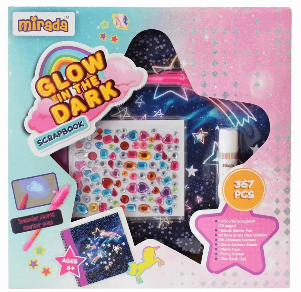 Mirada Glow in the Dark Scrapbook Kit – 367-Piece DIY Craft Set for Kids – Secret Message Pen with LED Light, Stickers, Gems, Washi Tape & More – Fun Keepsake Book - Naivri
