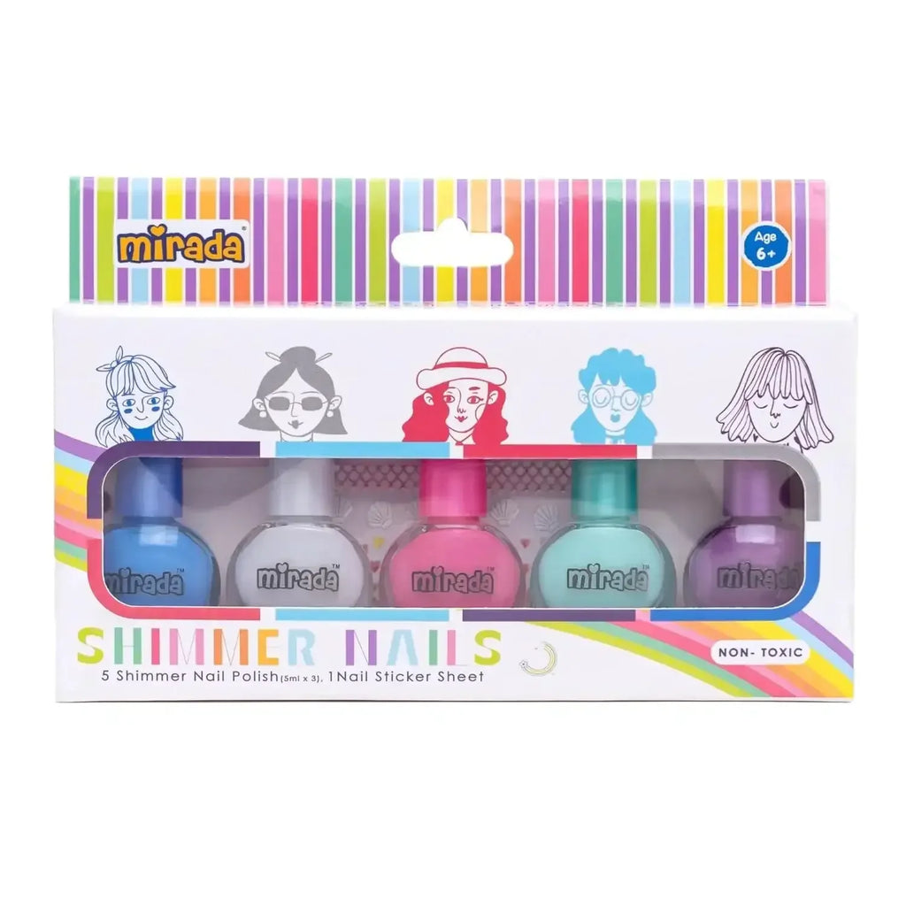 Mirada Shimmer Nails – 5 Shimmer Nail Polish Set with Stickers for Kids – Safe, Non-Toxic & Peel-Off - Naivri