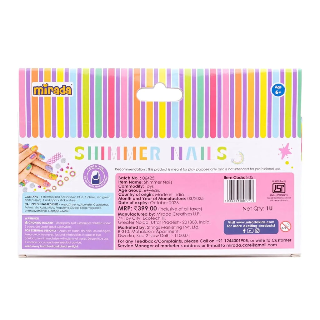Mirada Shimmer Nails – 5 Shimmer Nail Polish Set with Stickers for Kids – Safe, Non-Toxic & Peel-Off - Naivri