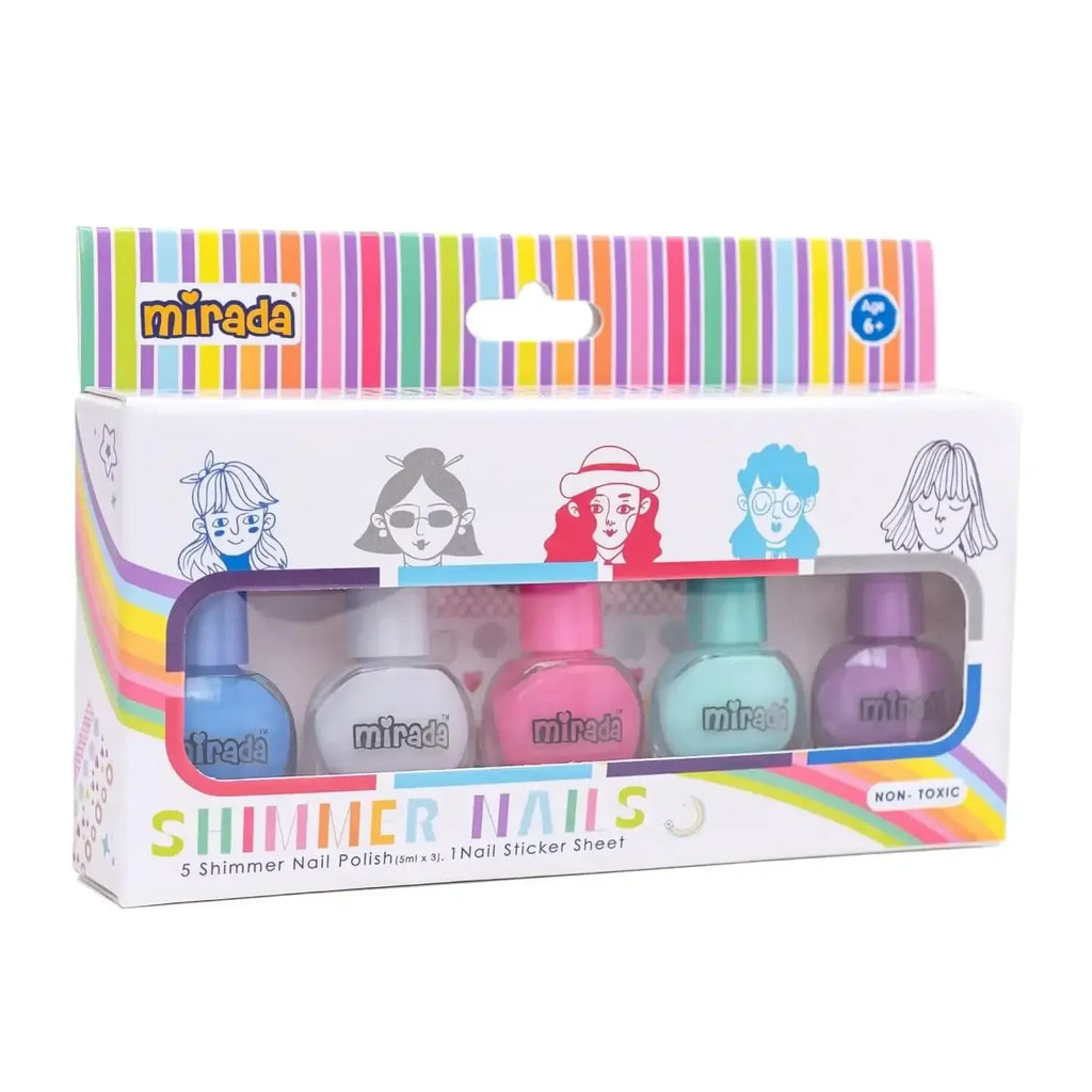 Mirada Shimmer Nails – 5 Shimmer Nail Polish Set with Stickers for Kids – Safe, Non-Toxic & Peel-Off - Naivri