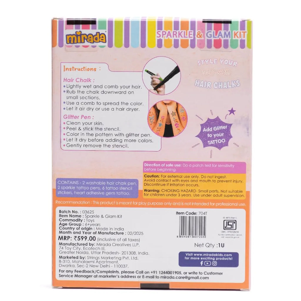 Mirada Sparkle & Glam Kit – Washable Hair Chalk, Sparkle Tattoo Pens, Stencil Stickers & Heart Gem Tattoo - Naivri