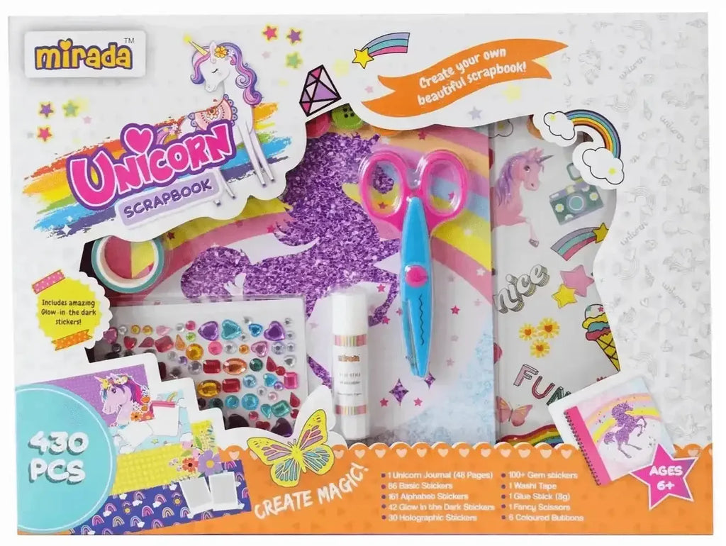 Mirada Unicorn Scrapbook Kit for Kids – 48-Page Spiral Bound Memory Book with 430+ Pieces – Stickers, Gems, Washi Tape, Glue & More – DIY Craft Activity Set for Girls - Naivri